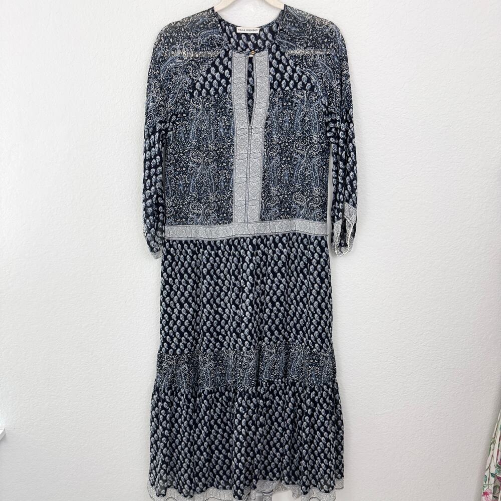 Ulla Johnson Womens 100% Silk Dress Size 4 Resort Mixed Print Paisley Flowy Blue